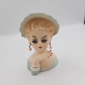 Vintage Inarco E-774 LADY HEAD VASE Hand Hat Miniature 3" Headvase Teal